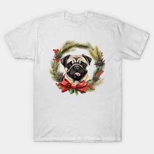 Christmas Pug Dog Wreath T-Shirt